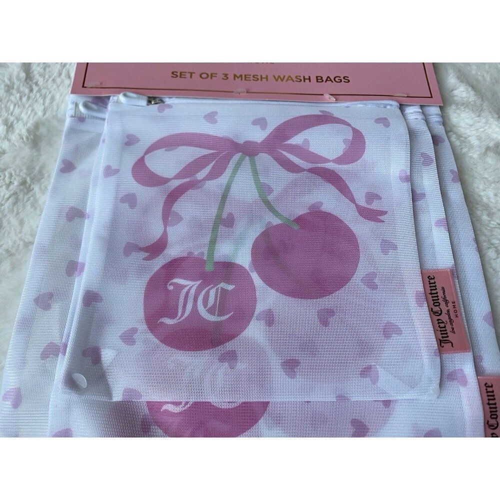 Set Of 3 Juicy Couture Home Pink Mesh Wash Bags Cherries Cherry‎ Bows Hearts NEW - Picture 3 of 15